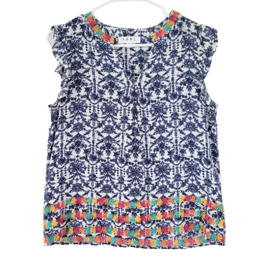 THML Blouse Women XS White Blue Floral Embroidered V-Neck Boho Festival